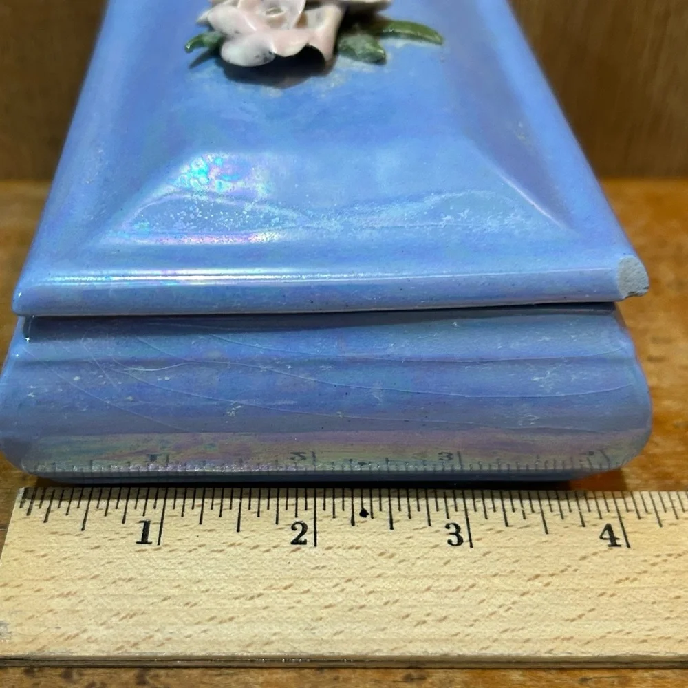 Vtg COVERED BOX Blue Sculpted Roses Flowers China Trinket Jewelry 5.5x4.25x2”